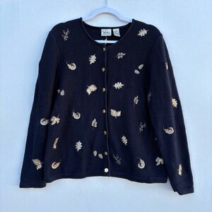 Christopher & Banks Womens Embroidered Navy Cardigan with Gold Leaf Details Sz X